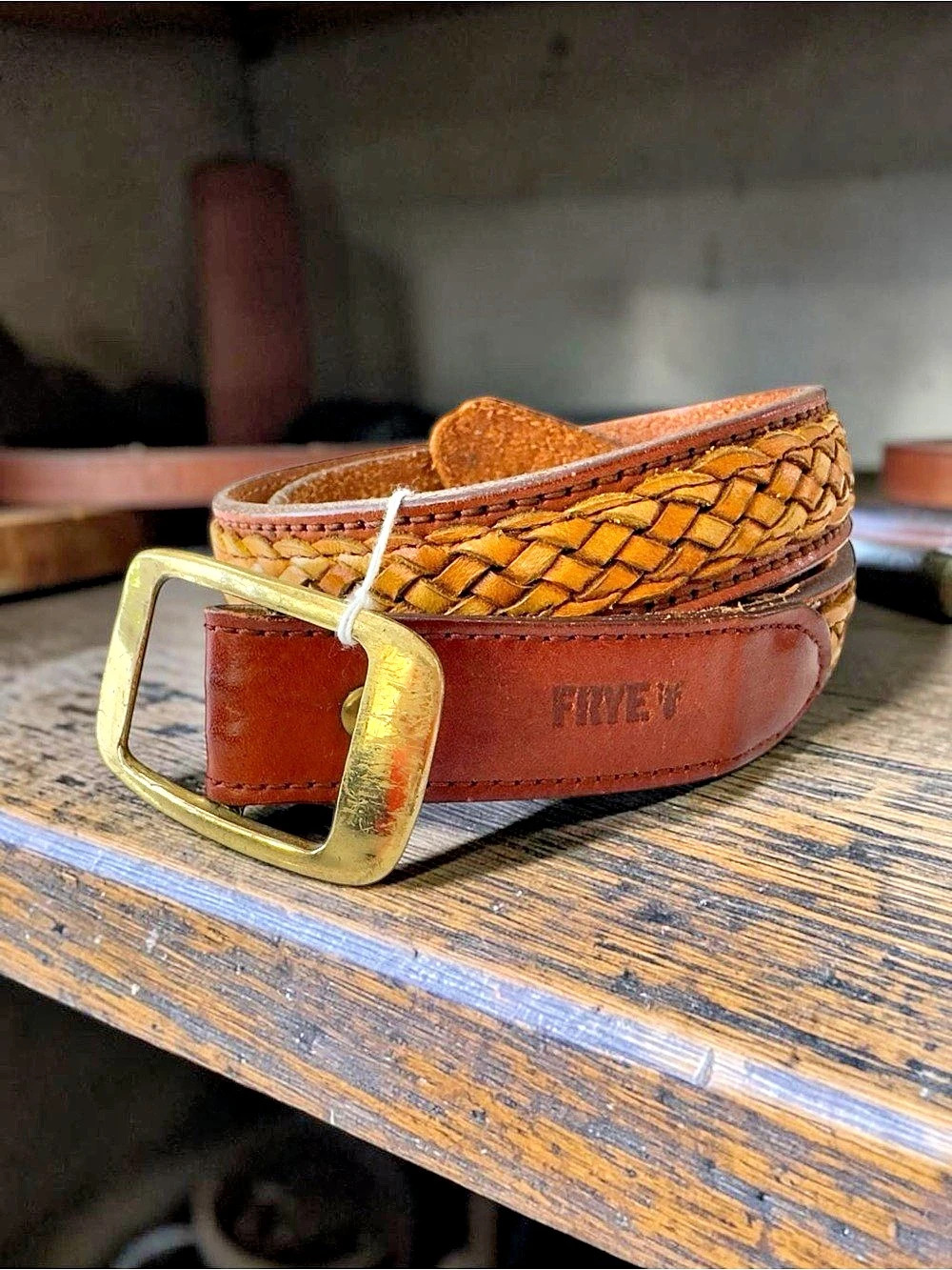 Frye Vintage Braided Belt Brown & Yellow Solid Brass Buckle Size 28